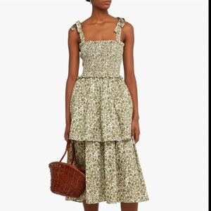 o.p.t Tie Strap Tiered Green Floral Cotton Midi Dress
